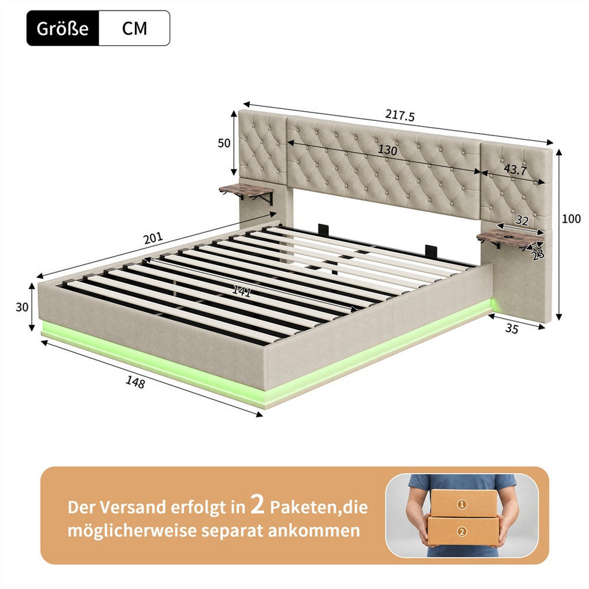 POLSTERBETT 140x200cm mit USB- & Type-C Ladeanschluss -Hydraulik-Stauraum und LED-Beleuchtung - Beige - Beige, Textil (140/200cm) - DELFA