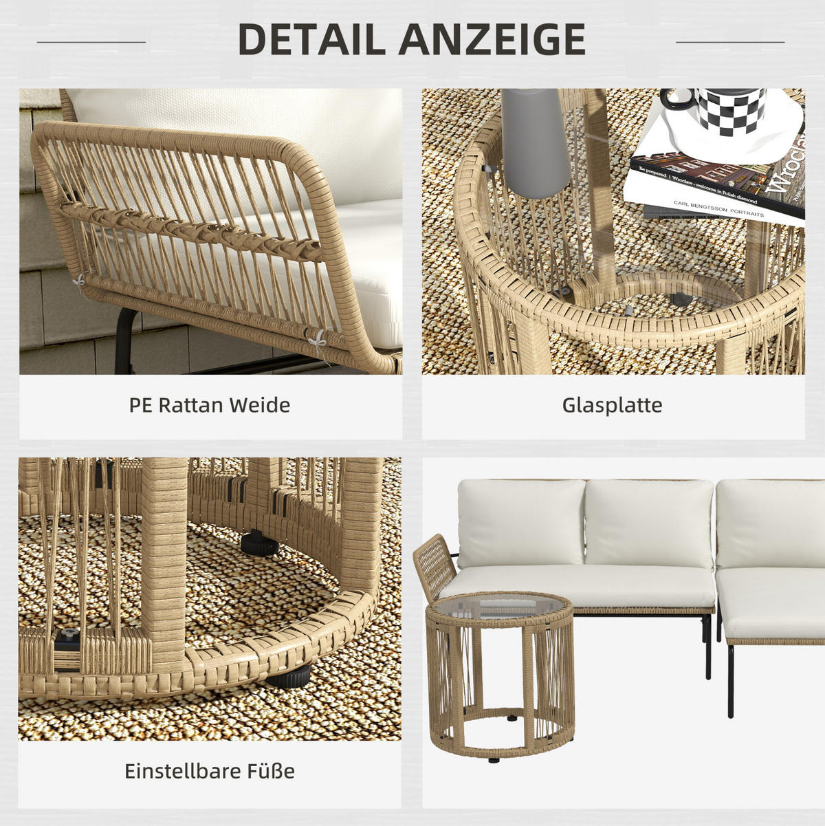 LOUNGEGARNITUR aus Rattan & Metallgestell 71x129x75 cm Weiß - Weiß, Metall - Modfu