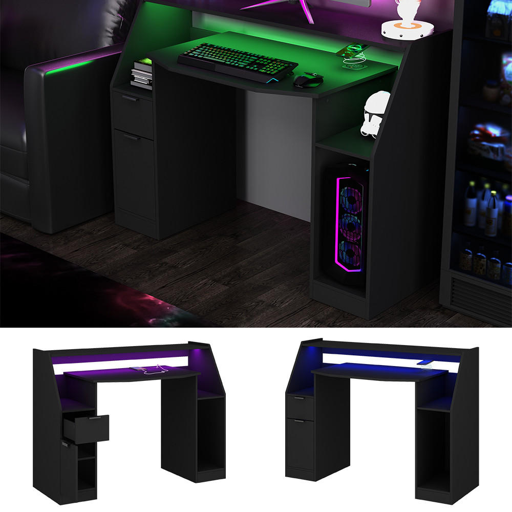 GAMING-TISCH Tails Schwarz 123 x 45 cm mit LED & QI - Schwarz, Holzwerkstoff (45/123/90.5cm) - Vicco