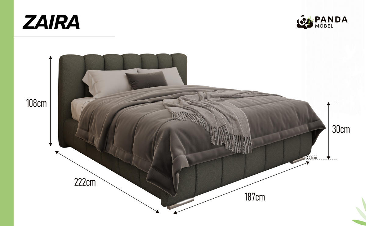 POLSTERBETT Zaira 160x200cm – Elegantes Polsterbett für modernen Wohnstil , ZONIERTE TASCHENFEDERN KOKOS (21cm), grau - Grau, Holz (160/200cm) - Panda Möbel