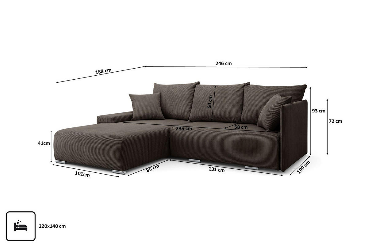 ECKSOFA L-Form Schlaffunktion Livorno Cord-Stoff Braun Links - Chromfarben/Schwarz, Holz/Kunststoff (246/188cm) - Kaiser Möbel