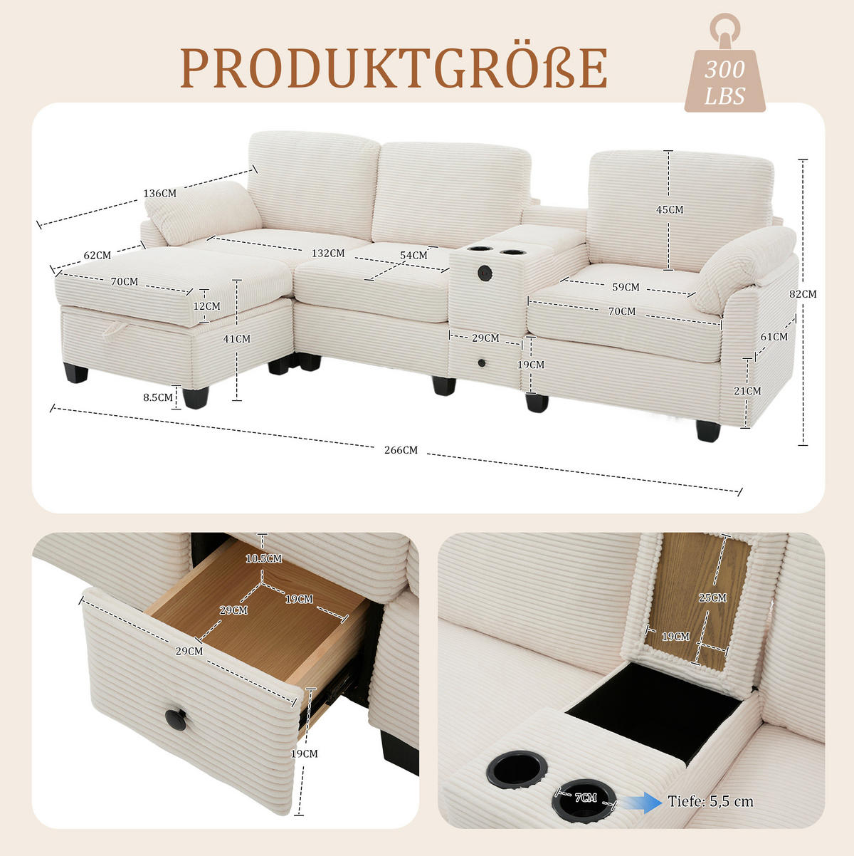 ECKSOFA Cord mit Memory Foam USB-Anschluss und Stauraum 266/136/82 cm Beige - Beige, Textil (136/82/266cm) - Redom