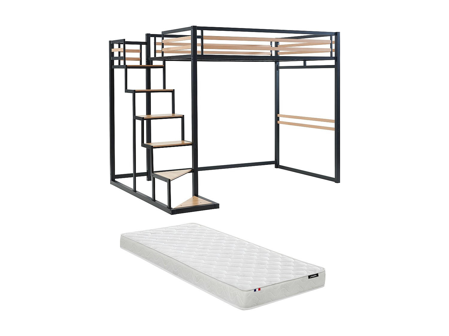 HOCHBETT mit Matratze - 140 x 200 cm - Metall & MDF - Naturfarben & Schwarz - JOGUI - Schwarz/Naturfarben, Metall - Vente-Unique