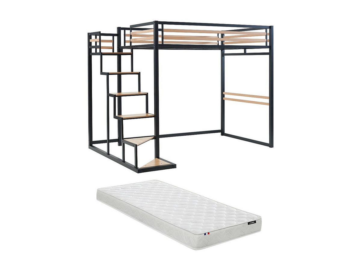 HOCHBETT mit Matratze - 140 x 200 cm - Metall & MDF - Naturfarben & Schwarz - JOGUI - Schwarz/Naturfarben, Metall - Vente-Unique