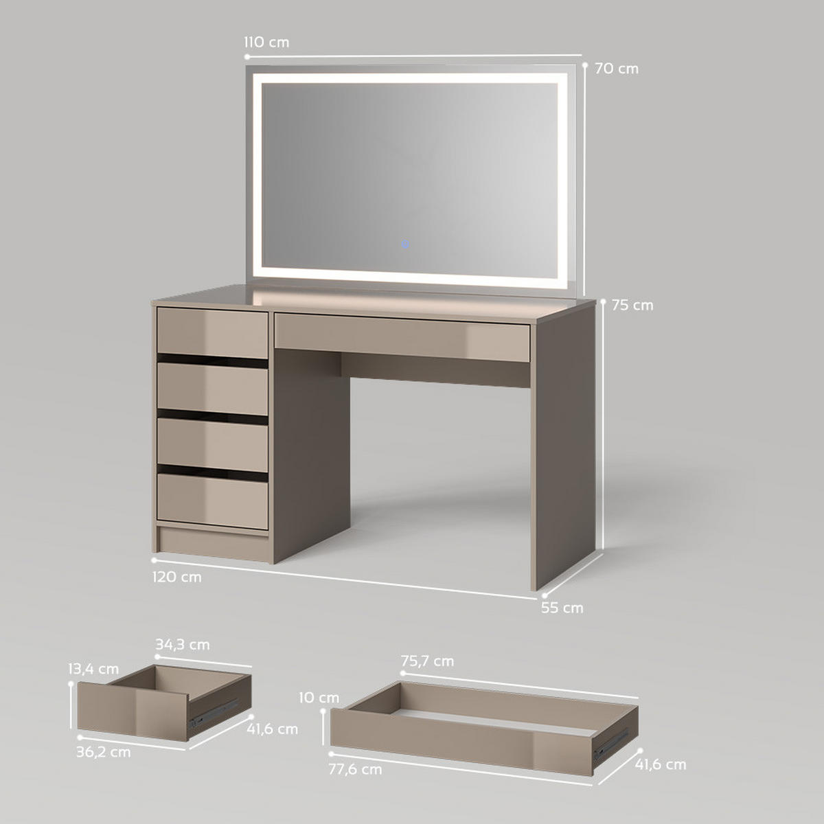 SCHMINKTISCH Imola Greige 120 cm mit LED-Spiegel - Greige, Holzwerkstoff (120/75/55cm) - Livinity®