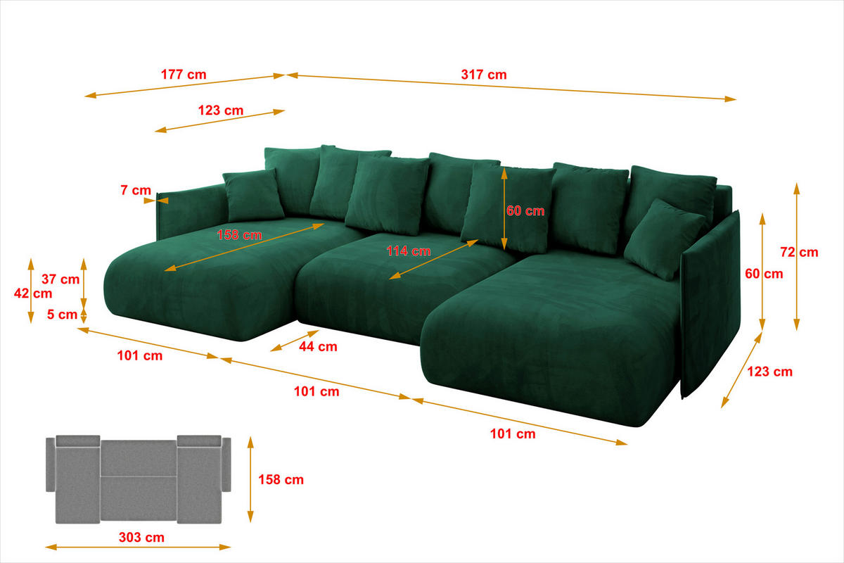 WOHNLANDSCHAFT mit Schlaffunktion und Bettkasten ONESK-U 317x177x72 Dunkelgrün Velours - Dunkelgrün, Holzwerkstoff/Kunststoff (317/72/177cm) - ALTDECOR