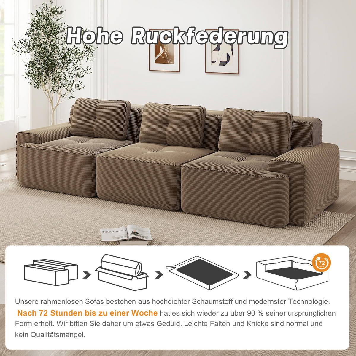 3-SITZER SOFA Modulares Boneless Cloud-Sofa Cord Braun Tiefsitz - Braun, Textil (293/69/104cm) - Urban Meuble