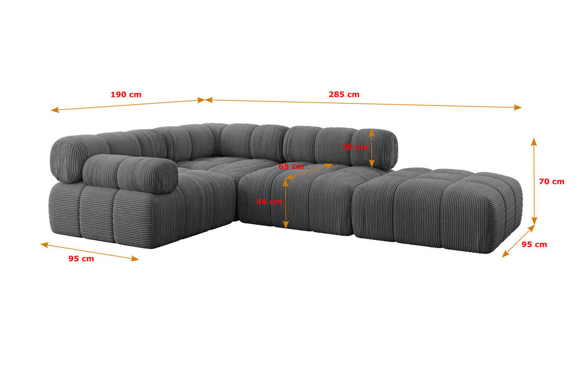 ECKSOFA modulares Sofa Felto-L1 - 285x190x70 cm Dunkelgrau Cord - Dunkelgrau, Holzwerkstoff/Textil (285/190cm) - ALTDECOR