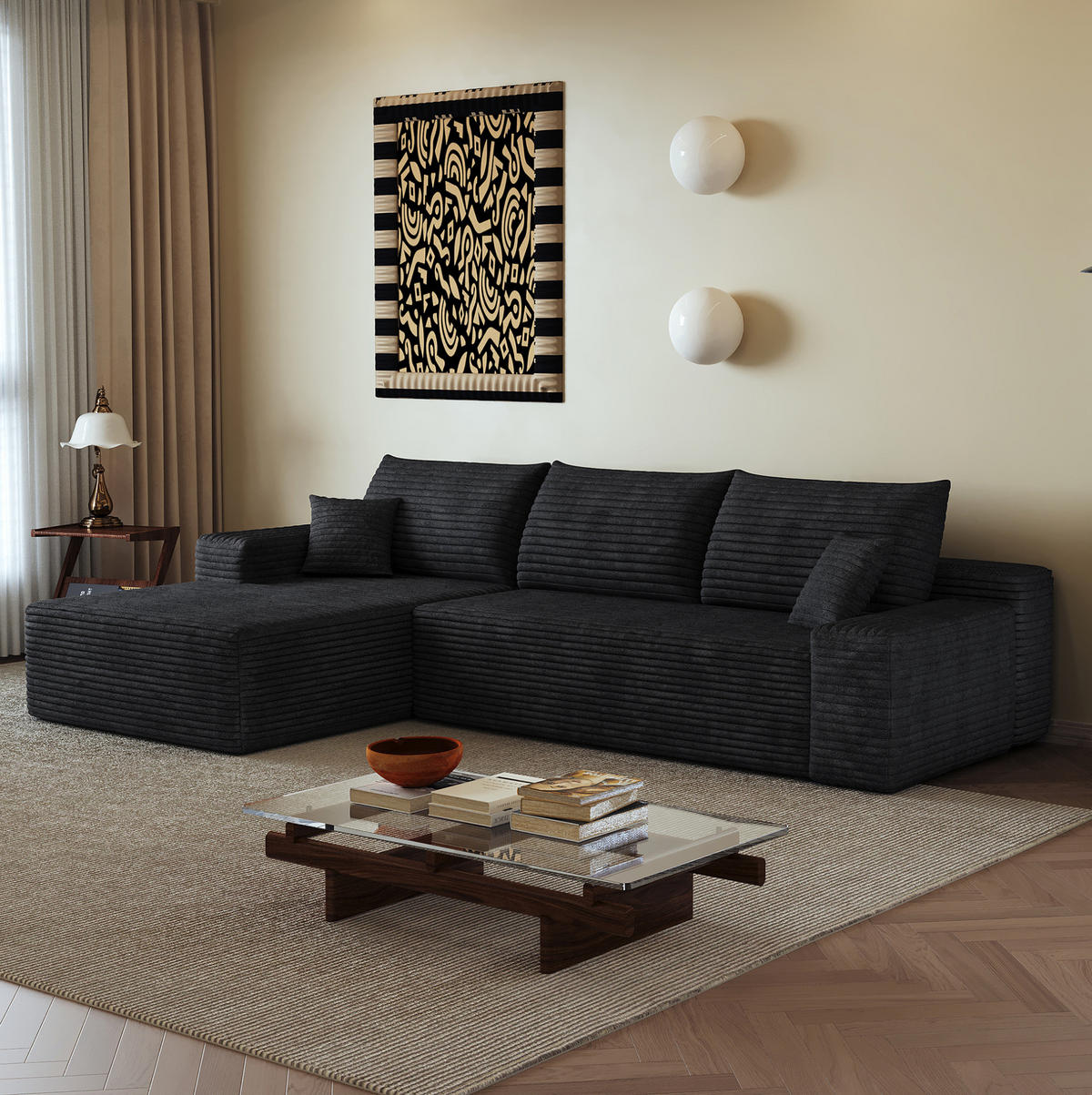 KUTNA garnitura od rebrastog samta u crnoj boji - crna, tekstil (175/270cm) - Flora Grace