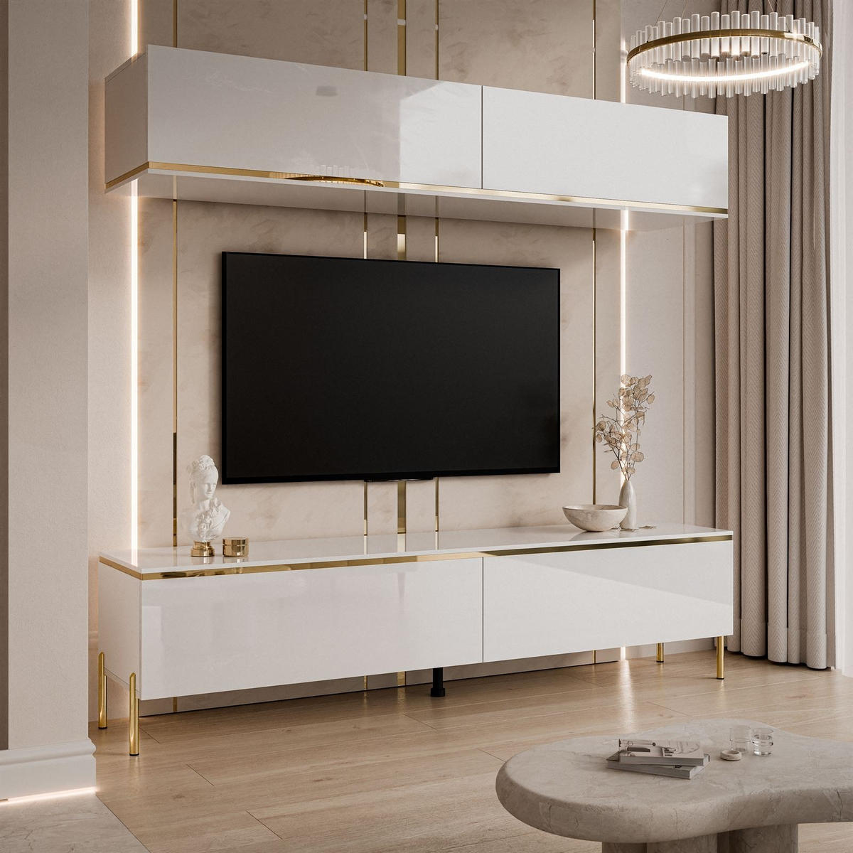 WOHNWAND AURORA in Weiß hochglanz mit gerade Goldchrom Fuße - Weiß Hochglanz/Goldfarben, Holzwerkstoff/Metall (180/46/40cm) - Lookway