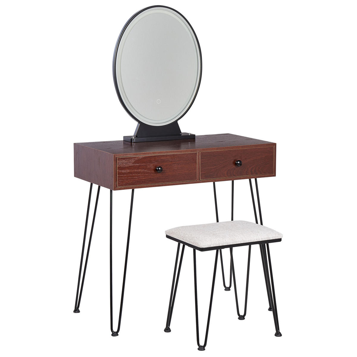 SCHMINKTISCH mit ovalem LED-Spiegel Hocker 2 Schubladen dunkler Holzfarbton/schwarz Loix - Dunkelbraun/Schwarz, Holzwerkstoff (80/137/40cm) - Beliani