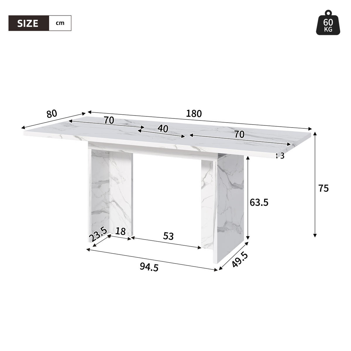 JÍDELNÍ stůl 140–180/80 cm bílý mramor z MDF rozkládací pro 6–8 osob - bílá, kompozitní dřevo (180/80/75cm) - OKWISH