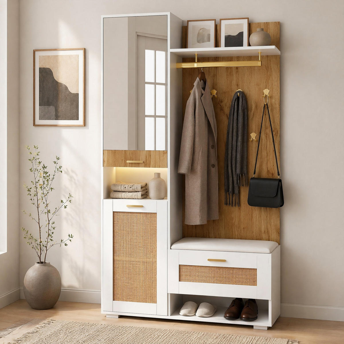 GARDEROBEN-SET in Naturfarben Kleiderschrank-Set mit Schuhschrank, Sitzbank und LED-Beleuchtung , B110/T38/H190cm - Naturfarben/Weiß, Glas/Holzwerkstoff (110/190/38cm) - STILVORA