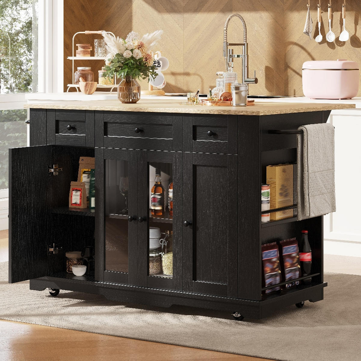 KÜCHENINSEL Klappbare Arbeitsplatte, Buffetschrank mit Glastüren, Schwarz-Holzmaserung, Küche, 151,5/85/91,7 cm - Schwarz, Kunststoff (60/91.7/151.5cm) - Rolipo