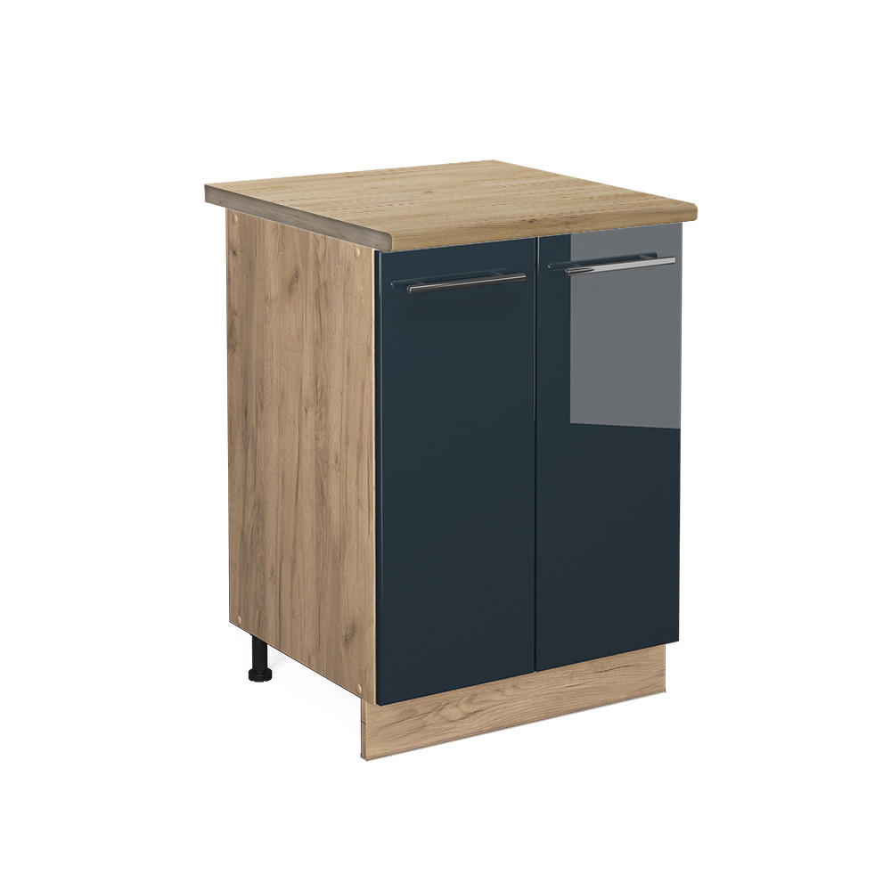 UNTERSCHRANK Fame-Line Dunkelblau Hochglanz 60 cm, AP Eiche - Eiche Wotan/Dunkelblau, Holzwerkstoff (60/82/60cm) - Vicco