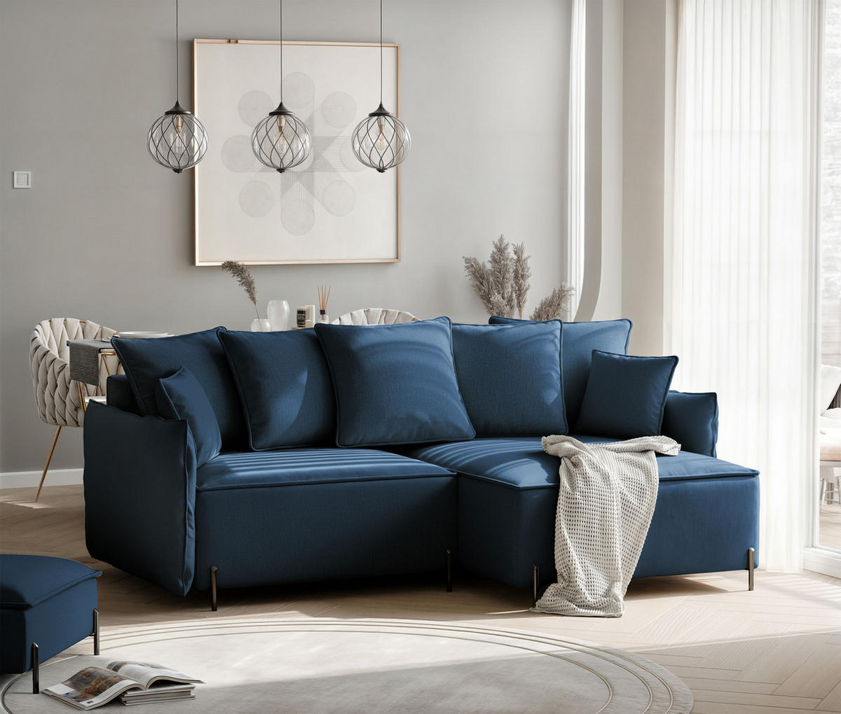 ECKSOFA MARCO Rechts, mit Schlaffunktion und Bettkasten, Marineblau - Dunkelblau, Textil/Metall (221/148cm) - Idohome