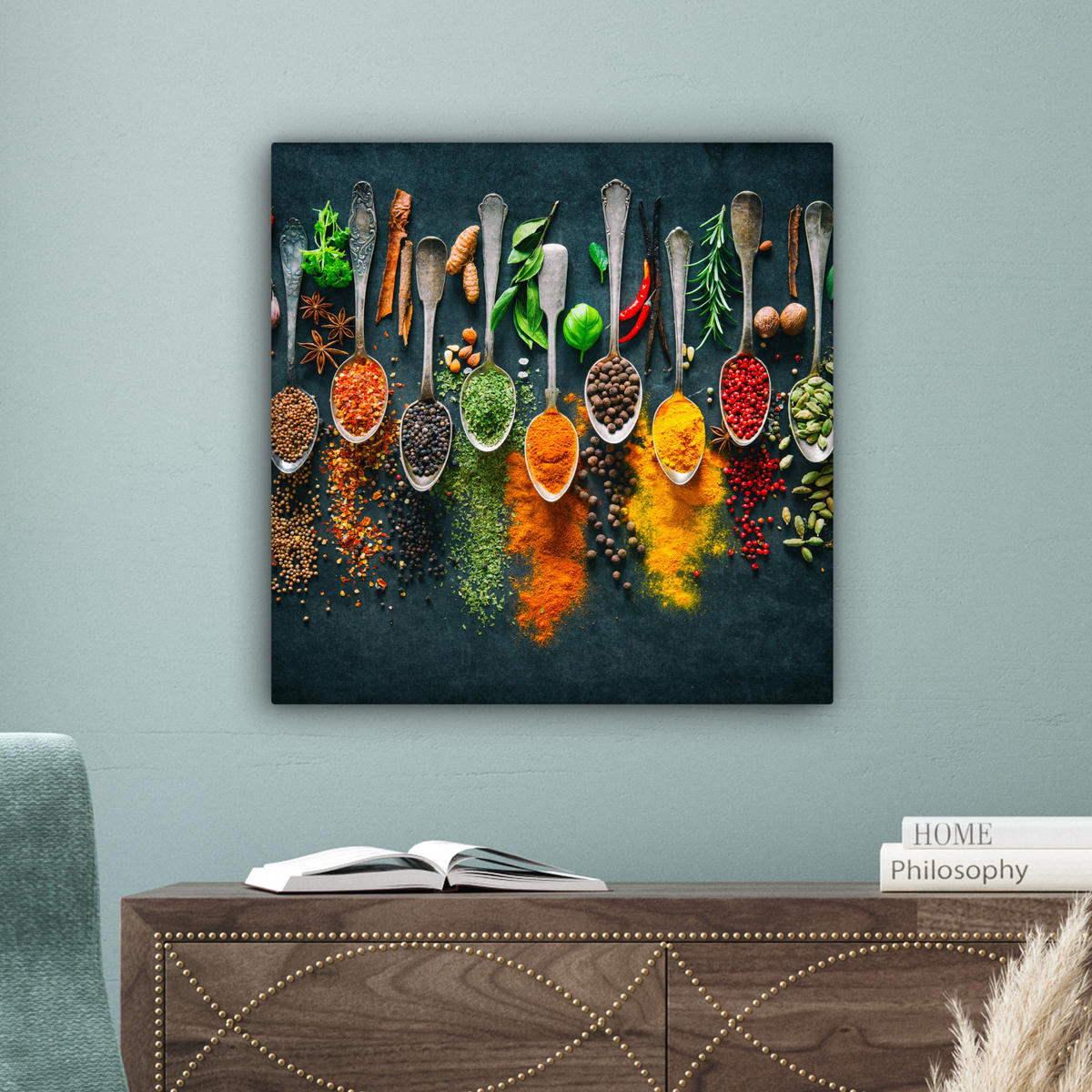 LEINWANDBILD Kräuter - Gewürze - Löffel 50x50 cm - Currygelb, Textil (50/50cm) - MuchoWow