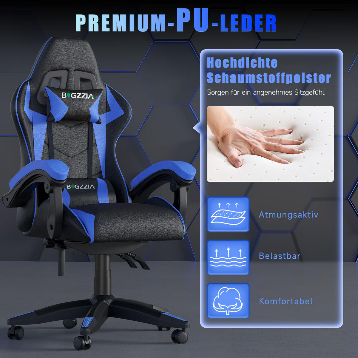 GAMINGSTUHL Schwarz-Blau ergonomisch - Blau, Leder (29/59/79cm) - Rattrix