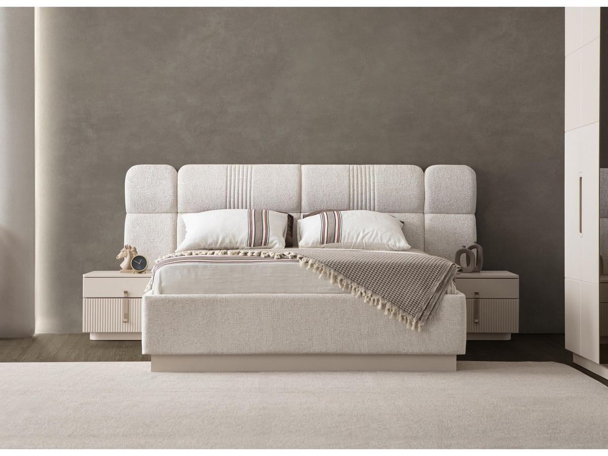 BETTANLAGE LINE Schlafzimmer-Set, 4-teilig, Creme, Bett mit Kopfteil 2 Nachttischen und Kleiderschrank - Creme, Leder/Holzwerkstoff (160/200cm) - Villa Möbel