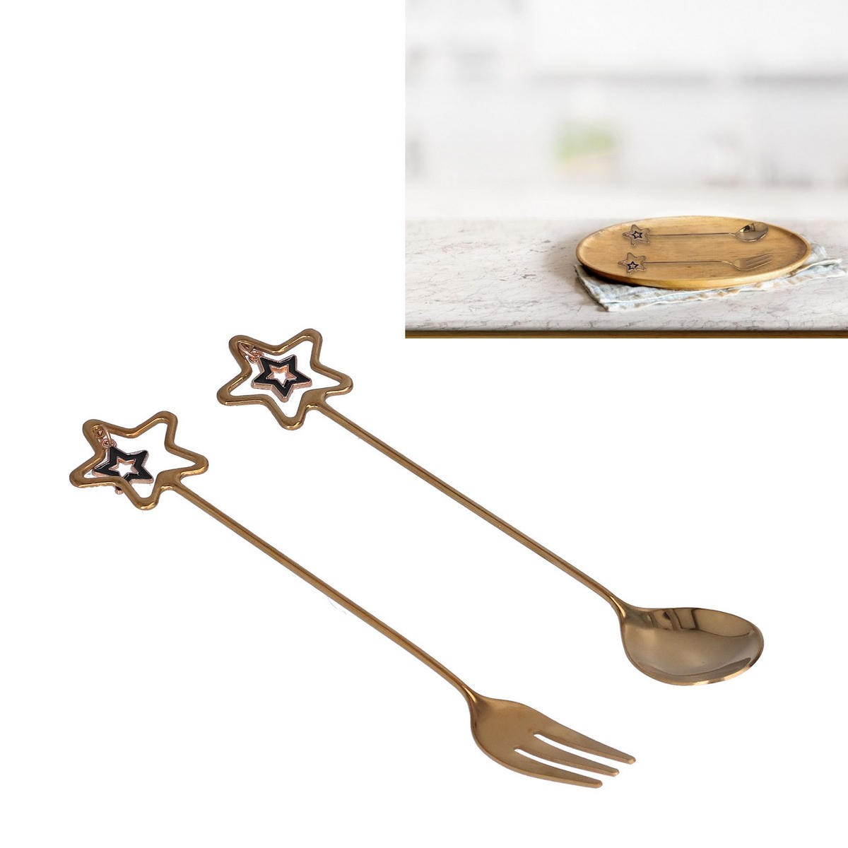 BESTECK-SET 2-teiliges Anhänger-Besteck Löffel und Gabel - Braun, Metall