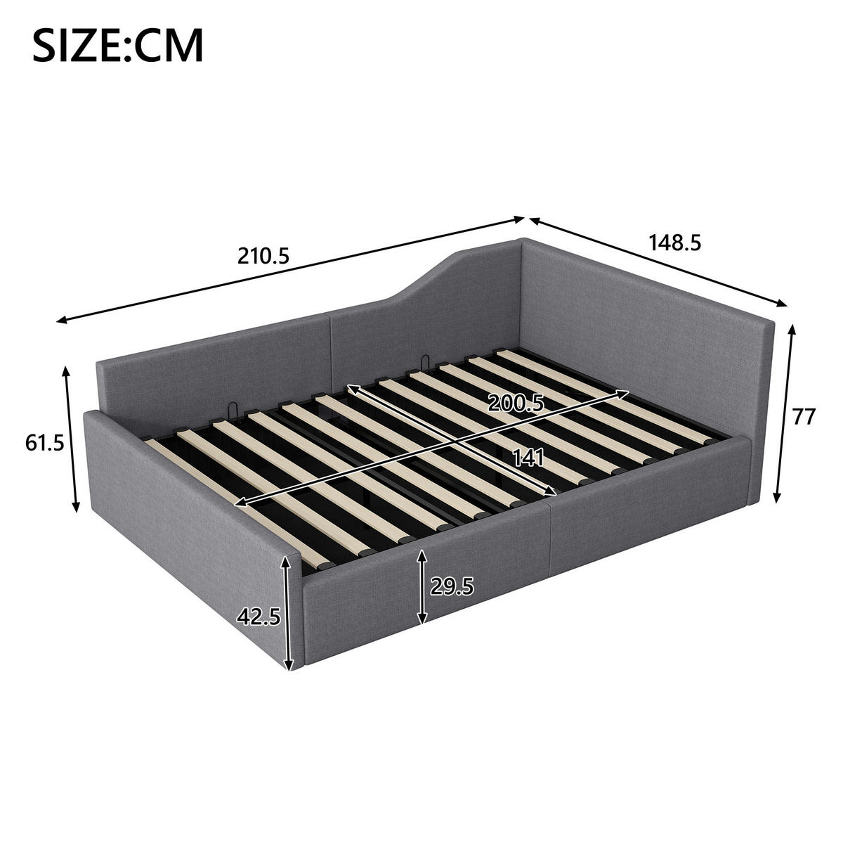 ČALÚNENÁ posteľ z MDF a preglejky 140x200 cm sivá s úložným priestorom, opierkou chrbta a podrúčkou - sivá, kompozitné drevo (140/200cm) - Modfu