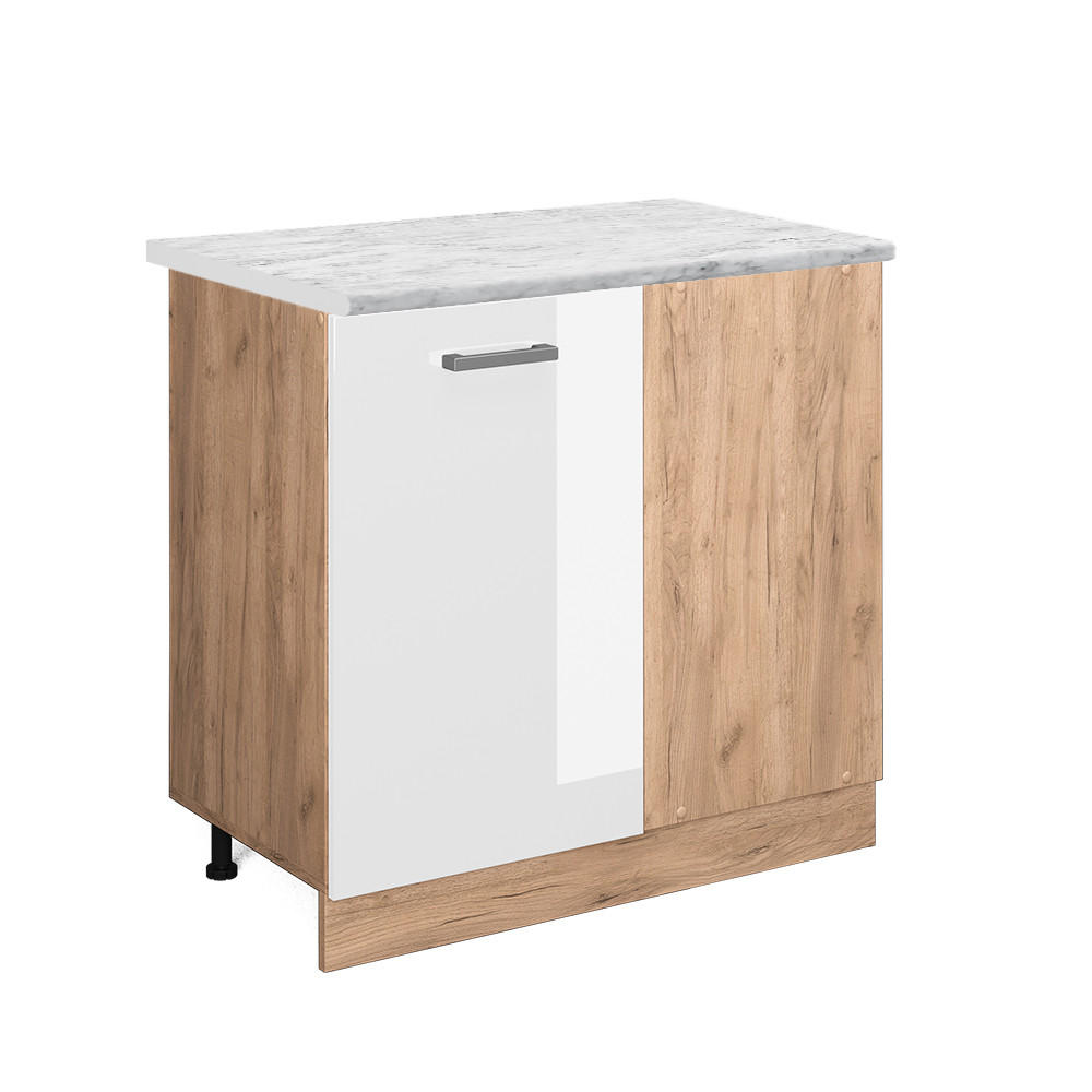 ECKUNTERSCHRANK R-Line Weiß Hochglanz 86 cm AP Marmor - Weiß Hochglanz/Eiche Wotan, Holzwerkstoff (86/81.6/60cm) - Vicco