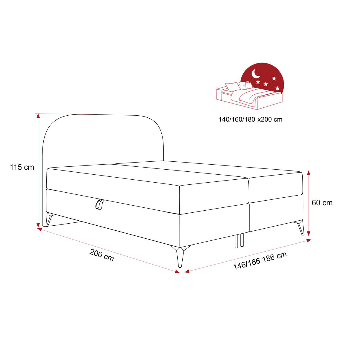 BOXBETT NOELIA 140/200 cm mit Matratze, Dunkelgrau - Dunkelgrau, Textil/Metall (140/200cm) - Idohome