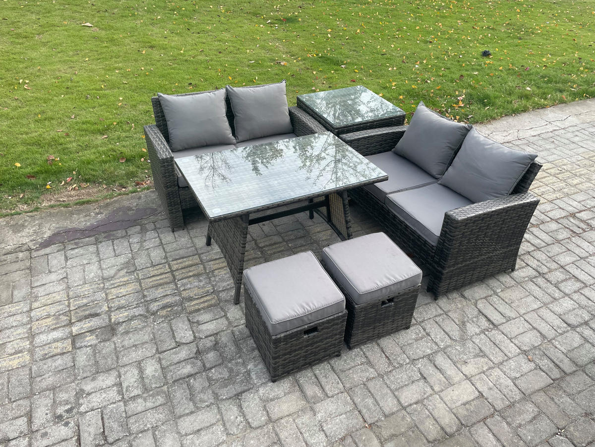 GARTENMÖBELSET mit ESSTISCH,HOCHLEHNER-SOFA Polyrattan Dunkelgrauer Mix 6-Sitzer - Dunkelgrau/Grau, Glas/Kunststoff - Fimous