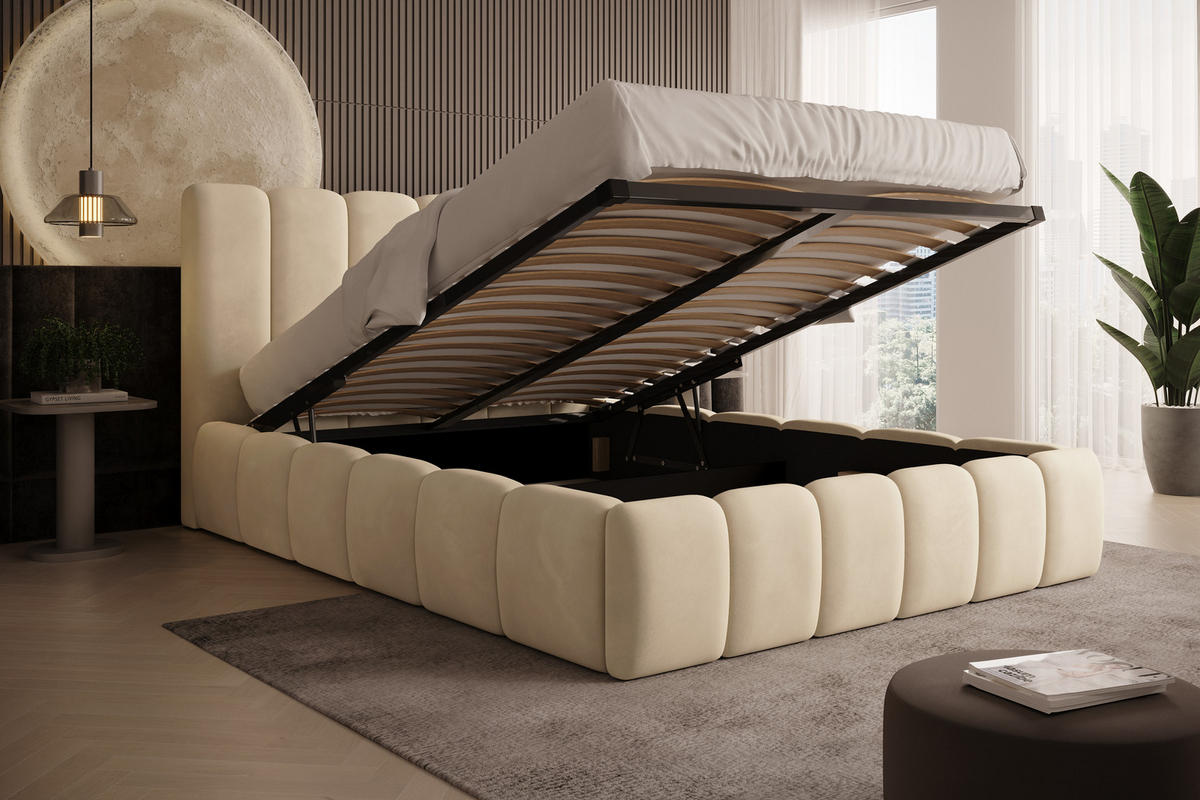 POLSTERBETT Vilo 180x200 mit Bettkasten und Stabilem Metallgestell - Creme, Textil (180/200cm) - Storez24