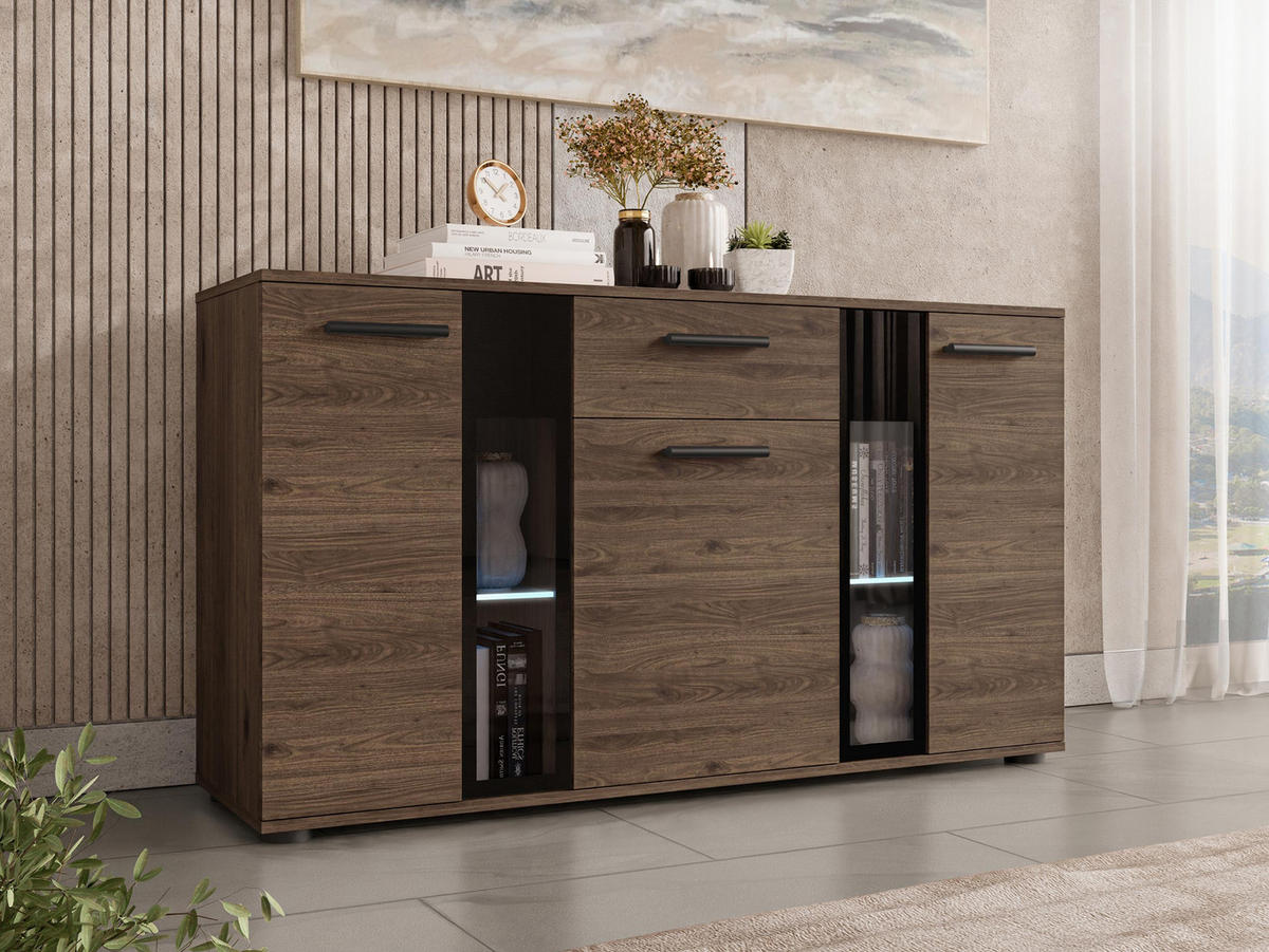 KOMMODE Salsa mit blauer LED Beleuchtung - Nussbaumfarben/Schwarz, Holzwerkstoff (141/80/41cm) - MIRJAN24