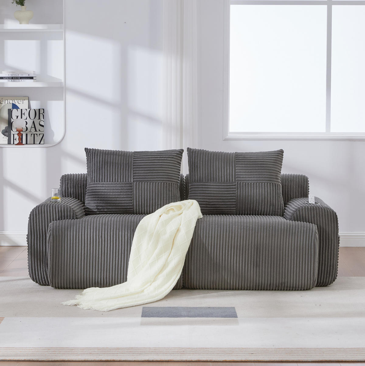 2-SITZER Sofa Cordstoff mit Getränkehalter und Seitentasche 200/99/80 cm Dunkelgrau - Dunkelgrau, Textil (99/80/200cm) - Redom