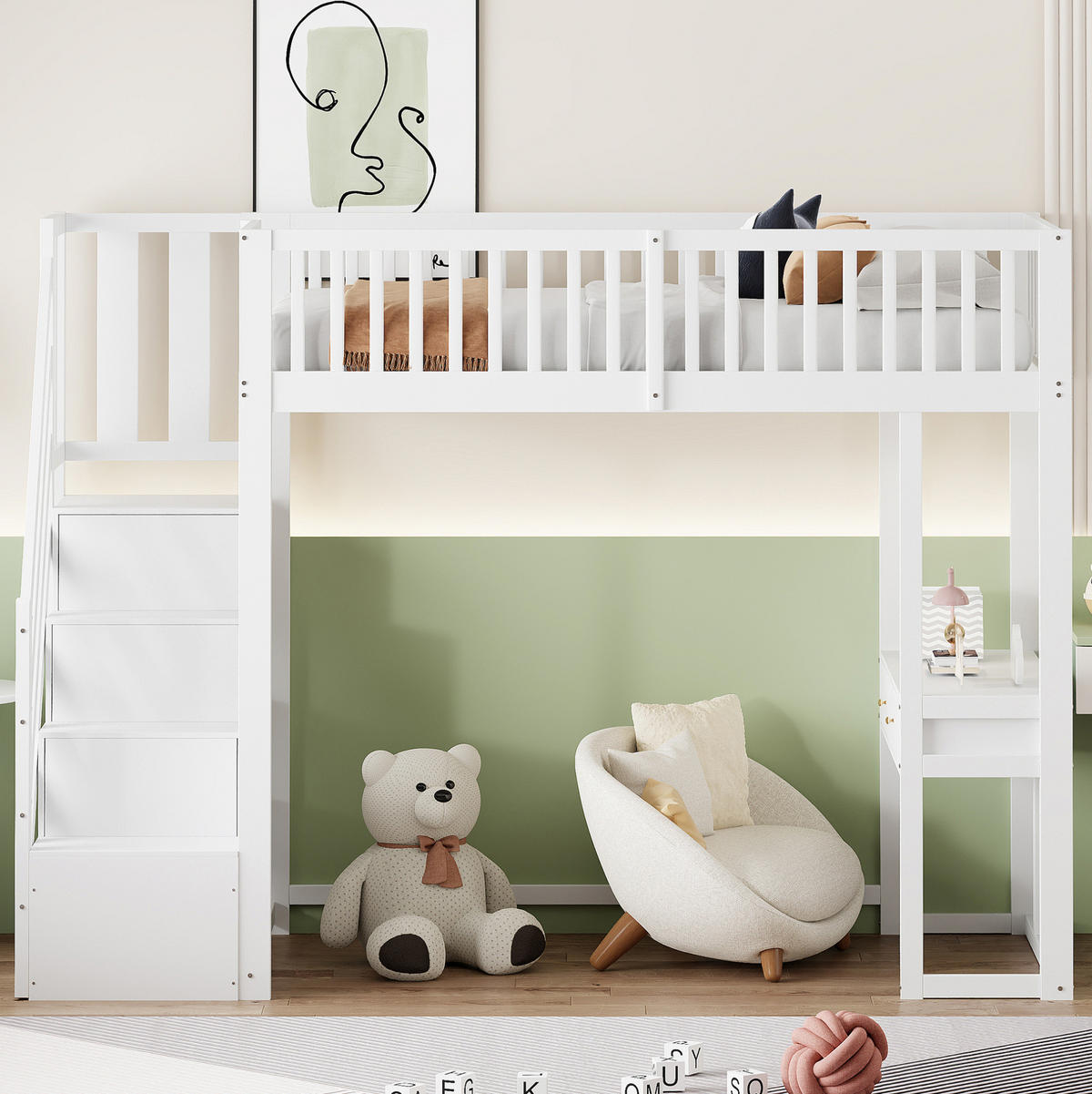 HOCHBETT 90/200 cm weiß aus Kiefernholz mit Tisch und Aufbewahrungstreppe - Weiß, Holzwerkstoff (90/200cm) - OKWISH