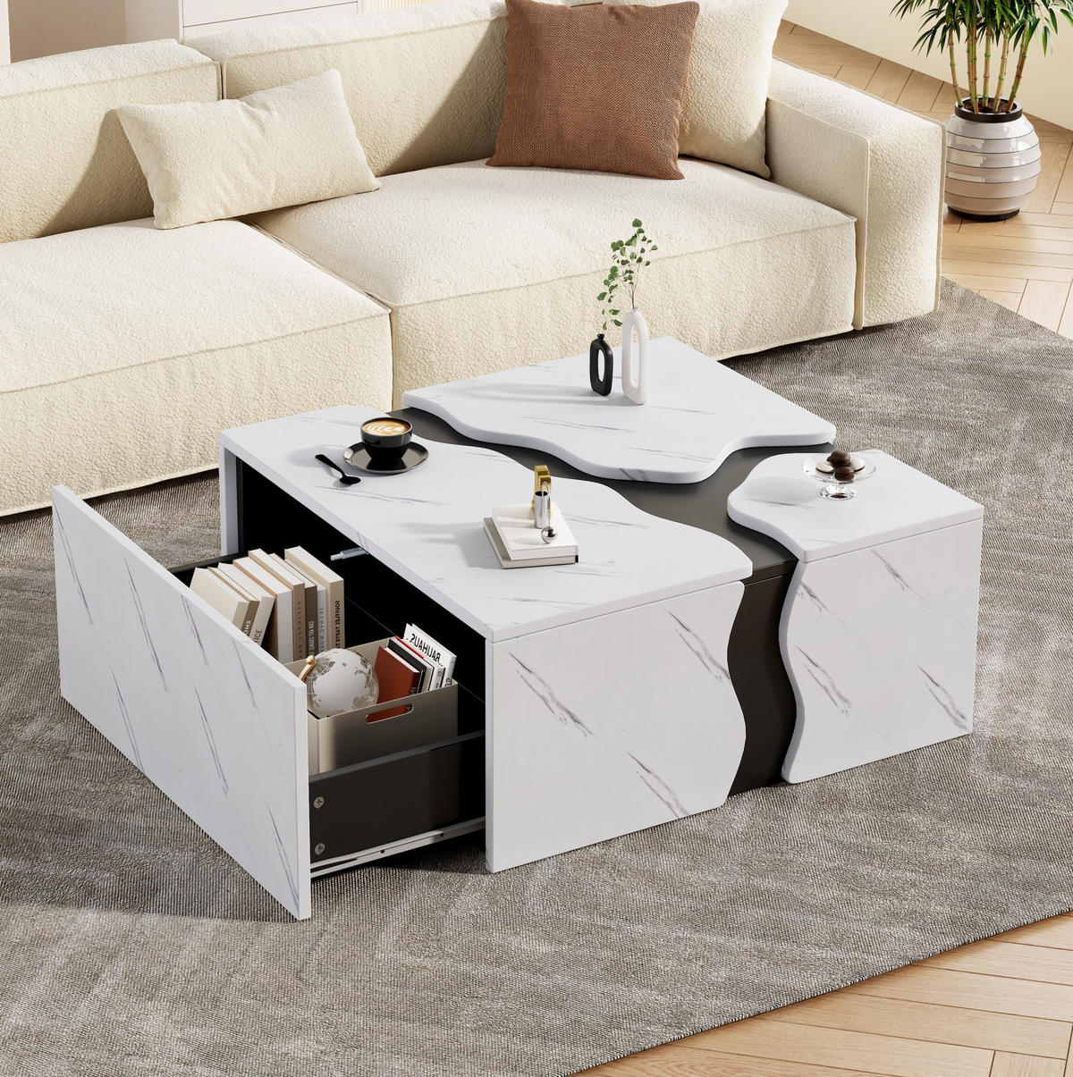 COUCHTISCH 70/70/31 cm mit Schublade und Marmoroptik im geometrischen Design, Weiß - Weiß, Holzwerkstoff (70/70/31cm) - Redom