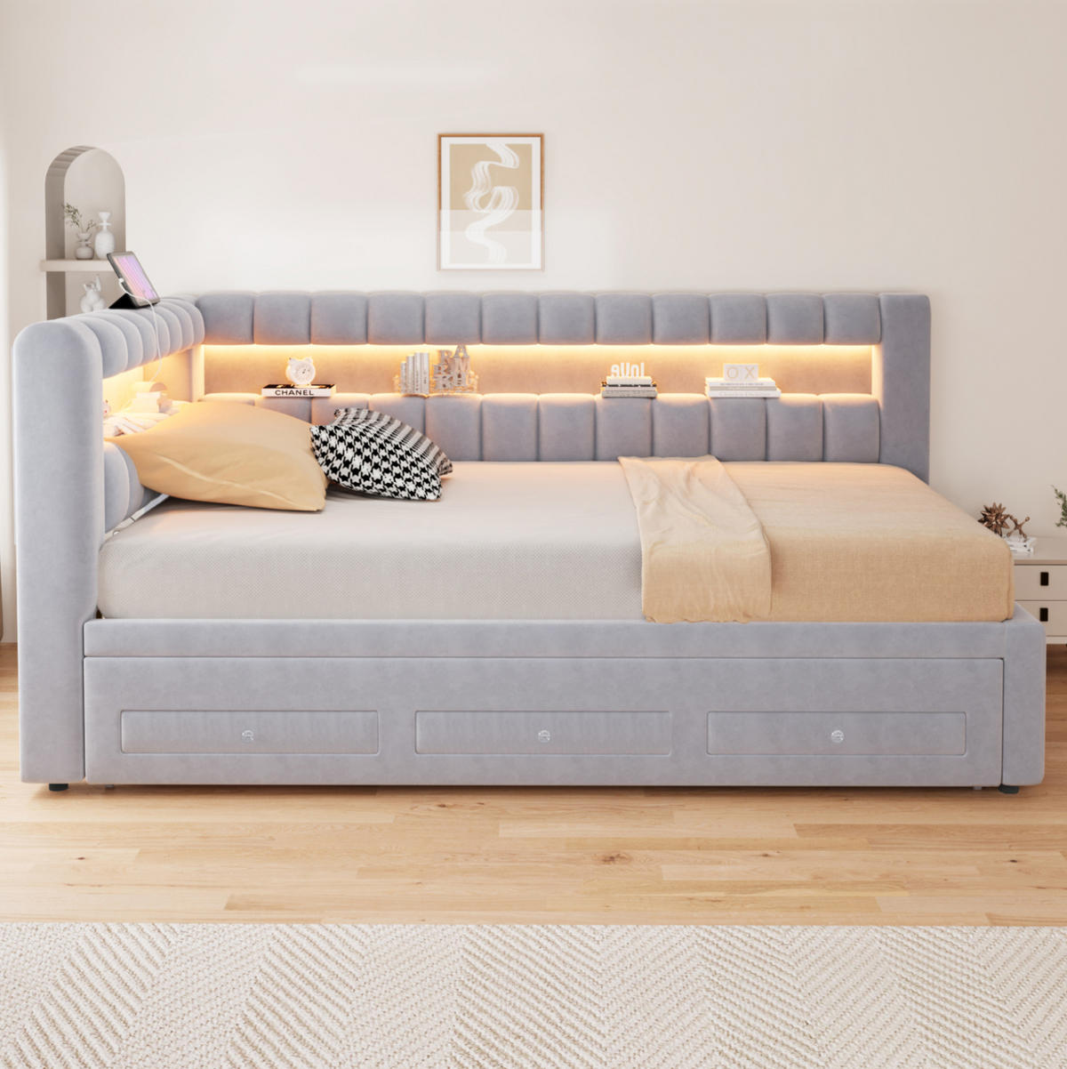 POLSTERBETT Schlafsofa aus Samt 90x190 cm Hellgrau mit Ausziehbett, LED-Beleuchtung, USB-C und Stauraum - Hellgrau, Textil (90/190cm) - Modfu