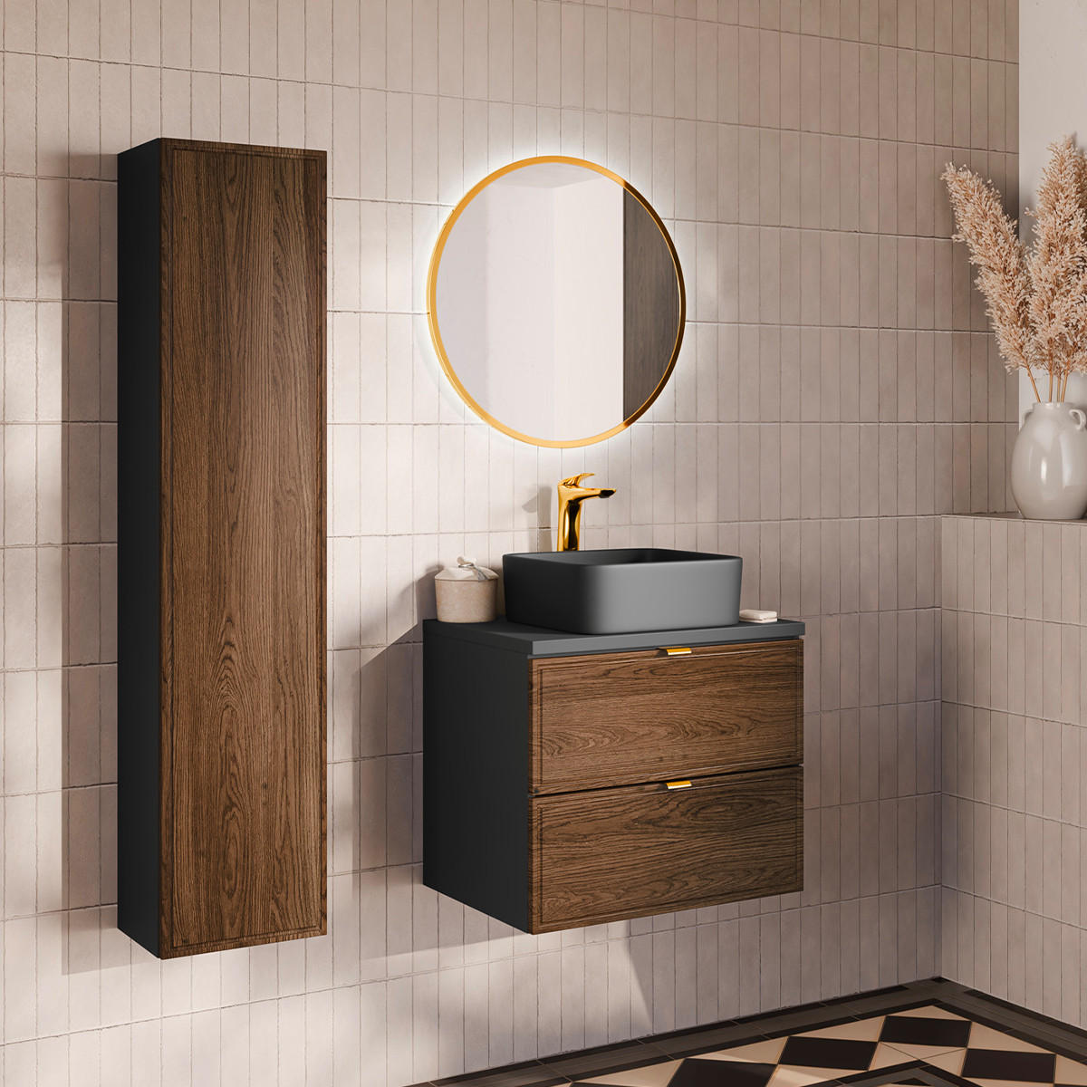 BADMÖBEL 60.2cm Elena 2er-Set Holz und Schwarz - Schwarz, Holzwerkstoff (60.2/52/46cm) - Petits-meubles