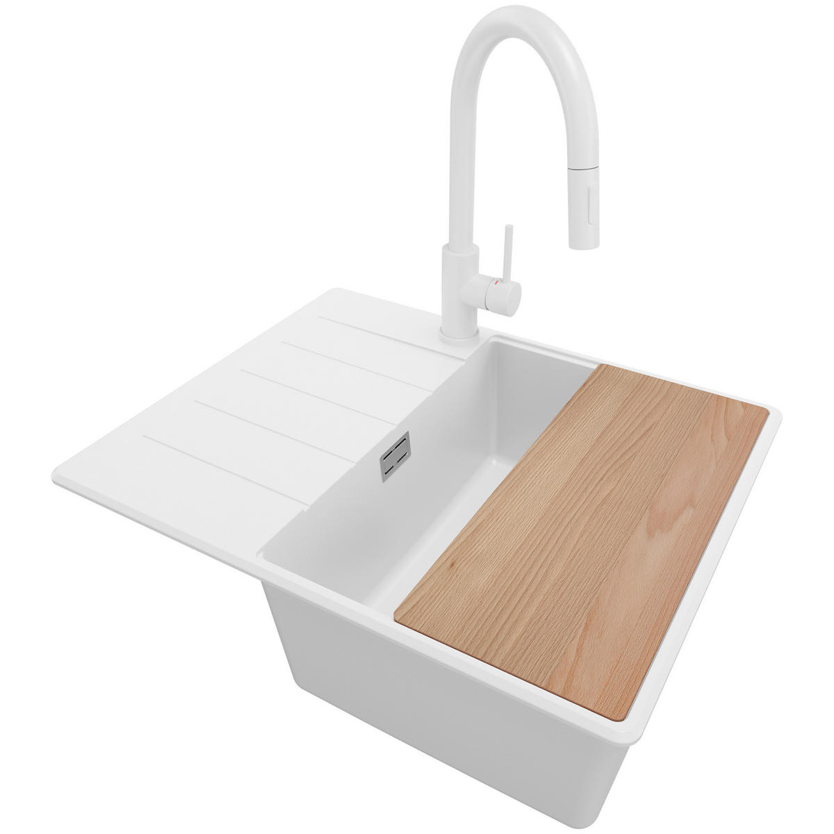 GRANITSPÜLE Kopenhagen, 2-er set Weiß 62/50 cm 1 Becken + Küchenarmatur 40/20 cm + Ablauf-Set + Schneidebrett ab 45er Unterschrank - Chromfarben/Beige, Kunststoff (62/20/50cm) - Primagran