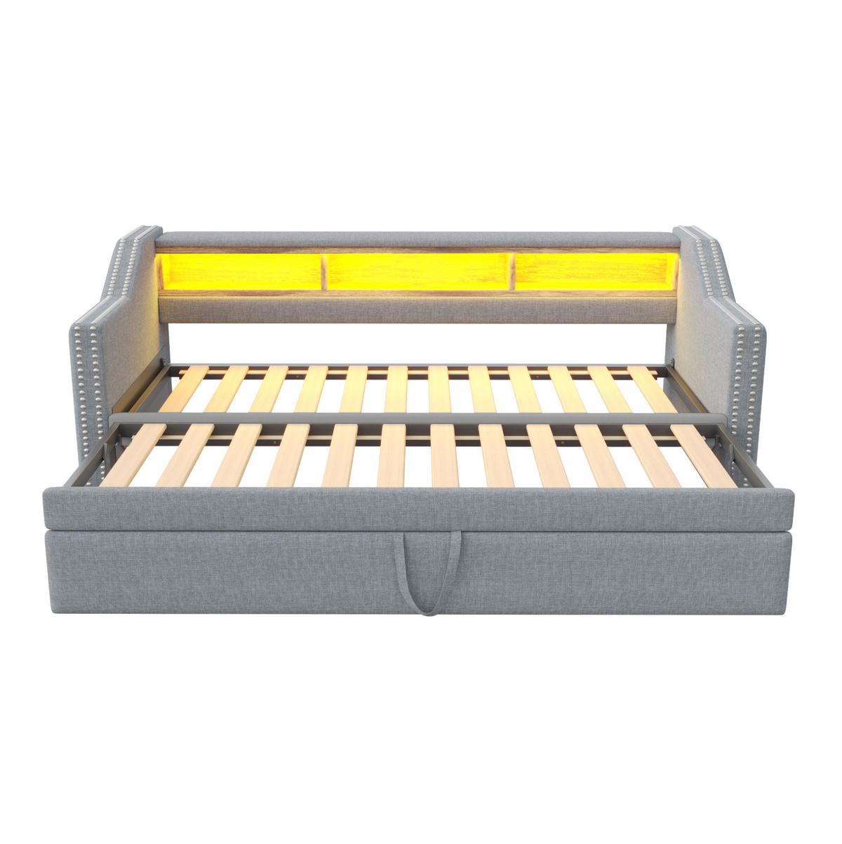 BETT aus Leinen 90/180x190 cm Hellgrau mit Ausziehbett, LED, USB und 3 Ablagefächern - Hellgrau, Textil (90/190cm) - Modfu