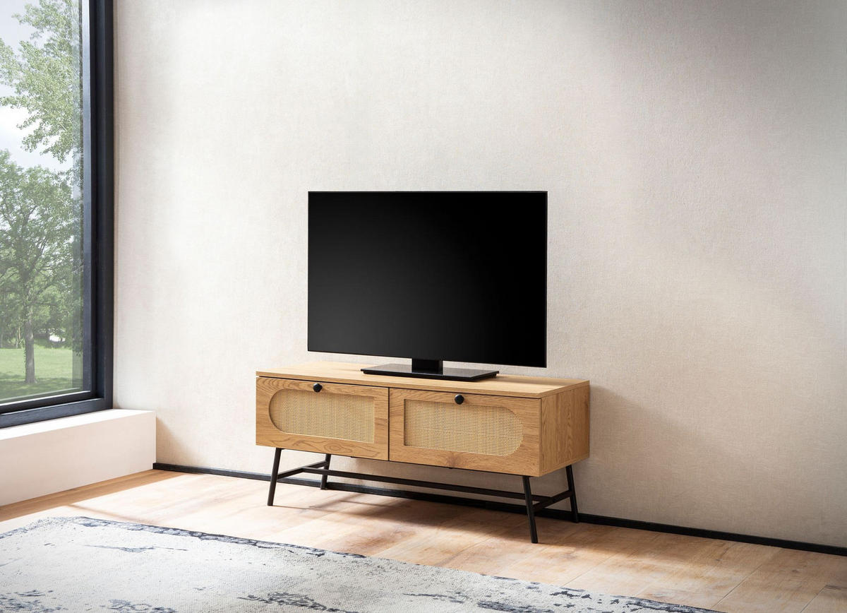 LOWBOARD Eiche-Dekor Rattan Modern Stil 100x45x40 cm mit Schubladen - Schwarz/Braun, Holzwerkstoff/Metall (100/45/40cm) - KADIMA DESIGN