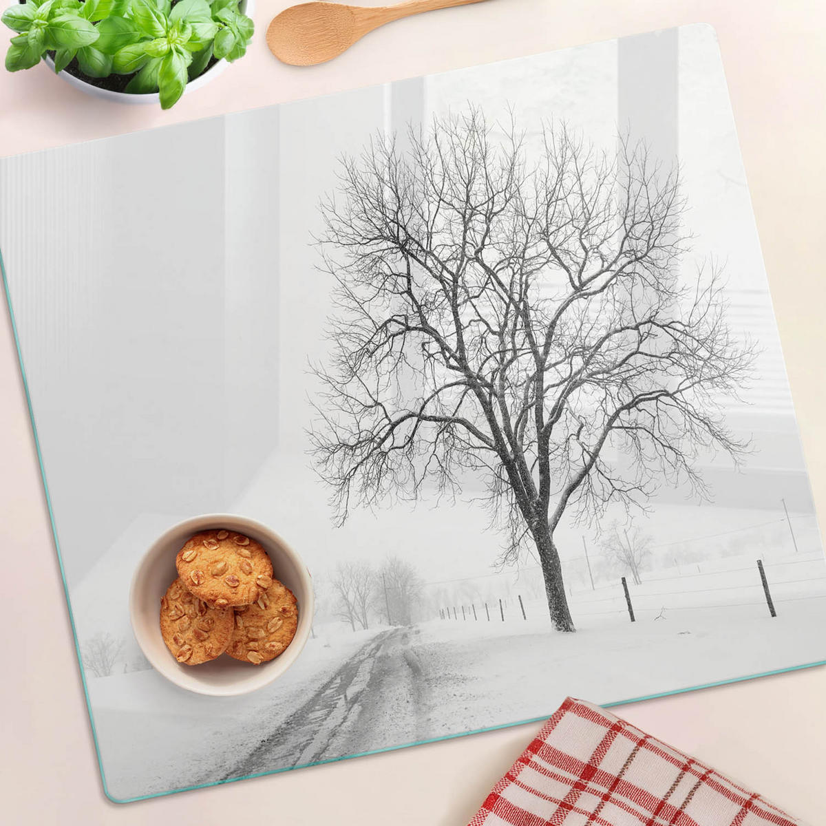 GLASPLATTE 60x52 cm Winterbaum - Weiß, Glas (60/0.4/52cm) - TULUP