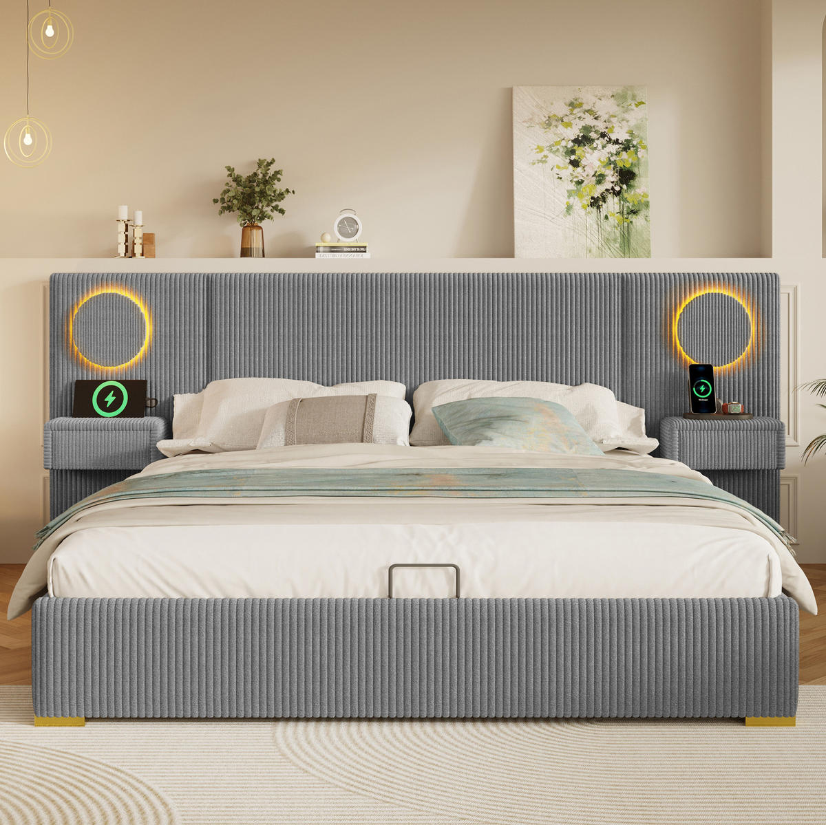 ČALOUNĚNÁ postel 180/200 cm s LED osvětlením, USB porty a hydraulickým úložným prostorem, Šedá - šedá, textil (180/200cm) - Redom