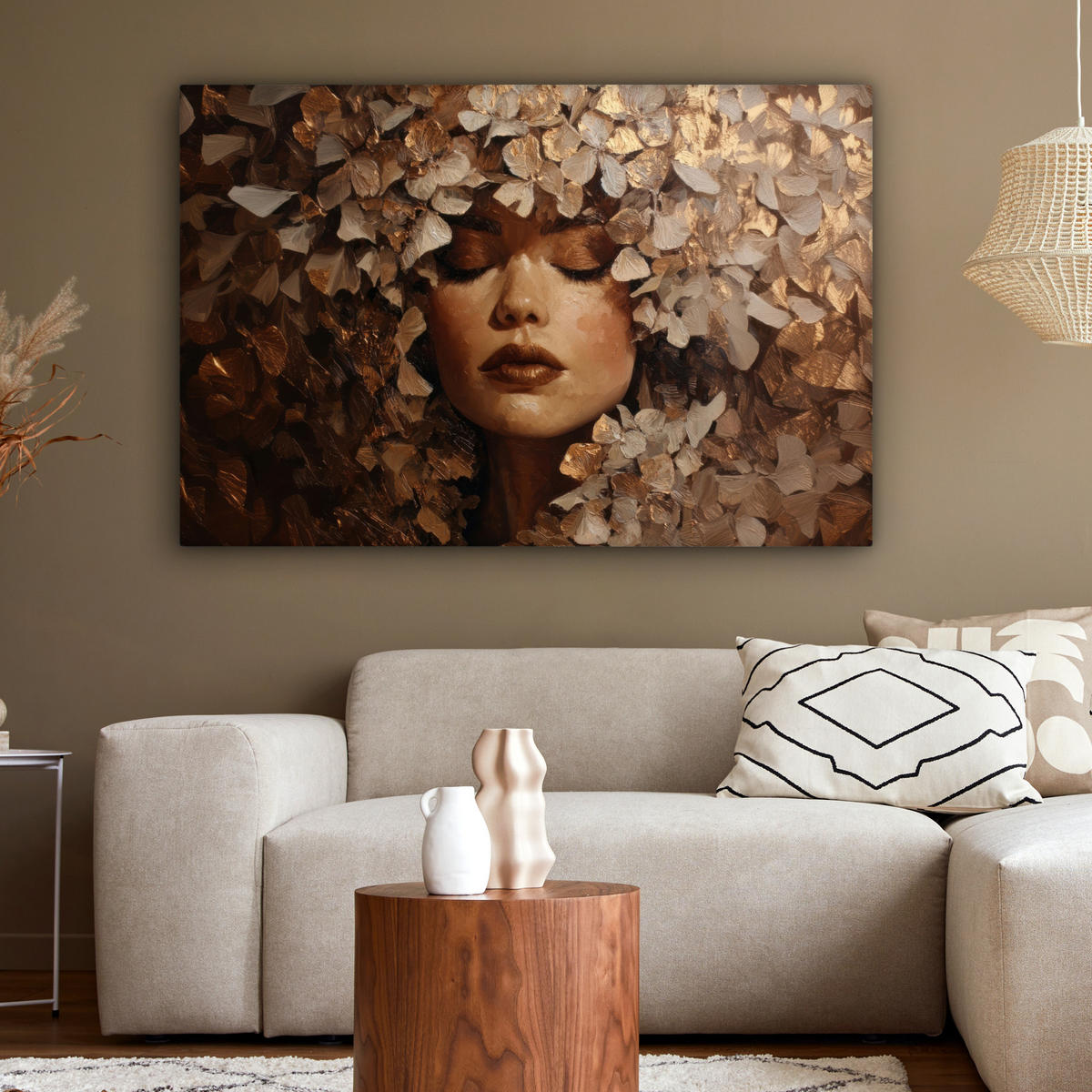 LEINWANDBILD Gesicht - Dame - Blätter - Pinselstriche XXL 150x100 cm - Goldfarben, Textil (150/100cm) - MuchoWow