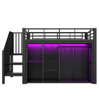 HALBHOHES BETT 90/200 cm Schwarz, mit 2 Schubladen, Kleiderschrank, Staufächern und LED-Licht - Schwarz, Metall