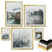 WANDBILDER 5er Set - 50x50 cm & 20x30 cm & 40x60 cm Goldrahmen - Holzhausboot an Bergstränden - Goldfarben, Kunststoff (40/60cm) - ArtPrintCave