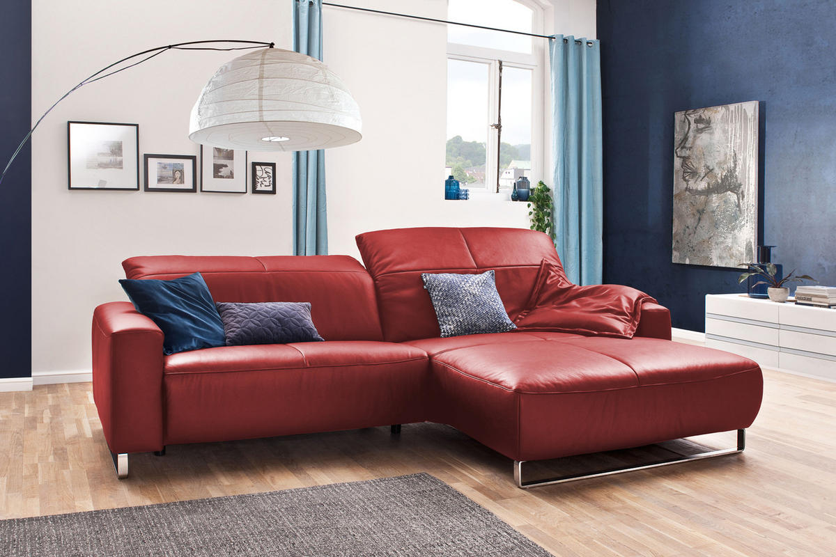 ECKSOFA MIT SITZTIEFENVERSTELLUNG YORK Hochglanz Rot Leder - Silberfarben/Kirschrot, Leder (284/180cm) - KAWOLA