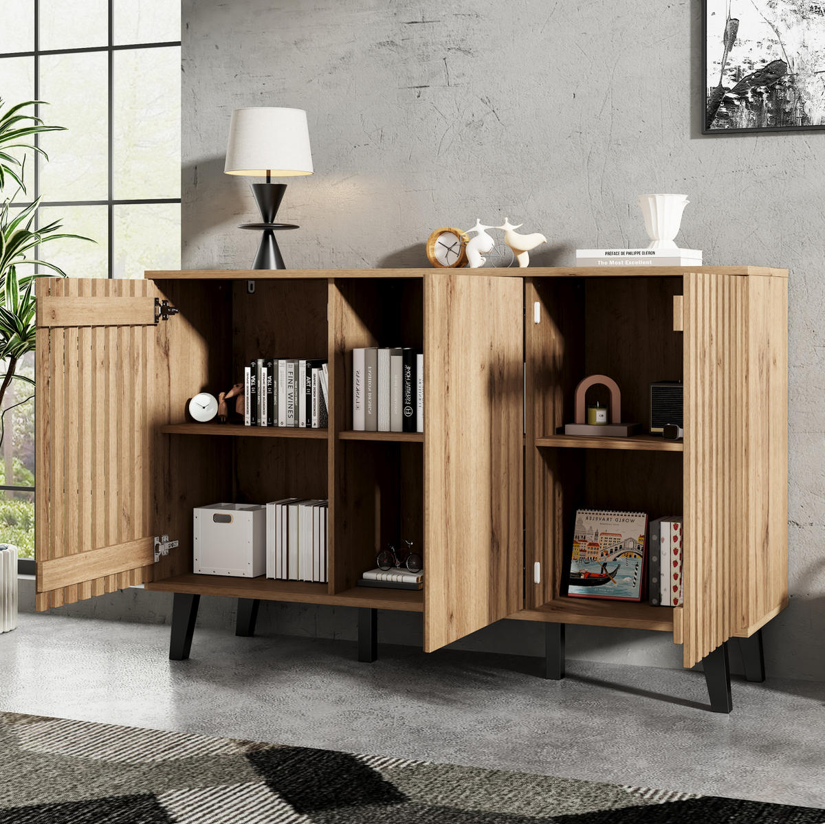 TV stolek 180/40/55 cm přírodní z dřevotřísky s úložnými přihrádkami a dvířky - světle hnědá, kompozitní dřevo (180/55/40cm) - OKWISH