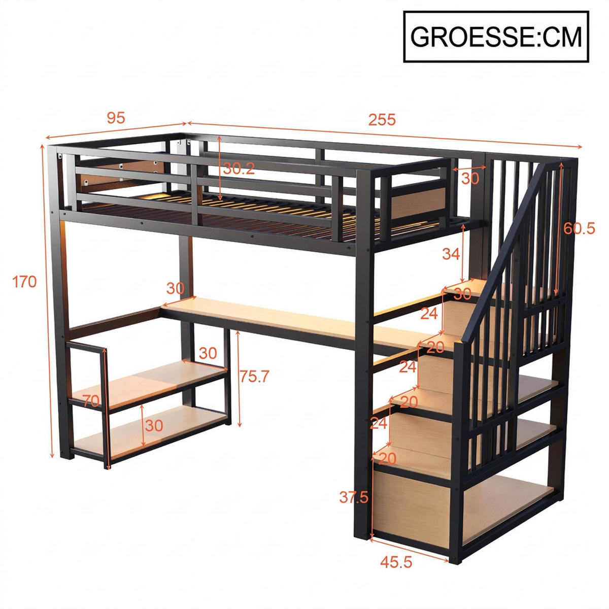 HOCHBETT 90/200 cm Schwarz mit LED-Lichtleisten, Stautreppen und Tisch - Schwarz, Metall (90/200cm) - Oxeza
