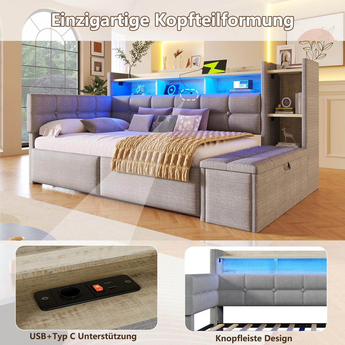 TAGEBETT 90x190cm Grau Samt 2 Schubladen USB LED-Licht - Grau, Holz (90/190cm) - FLIEKS