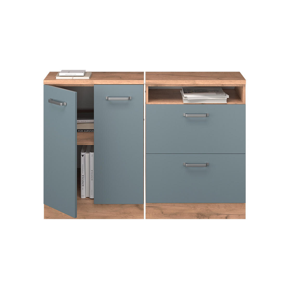 KUHINJSKI ORMAR ZA KOSINE KROVA R-Line Plavo-Siva 120 cm Set od 2 korpusa ormara, dubina 60 cm - hrast medunac/plavo-siva, drvni materijal (120/83.8/60cm) - Vicco