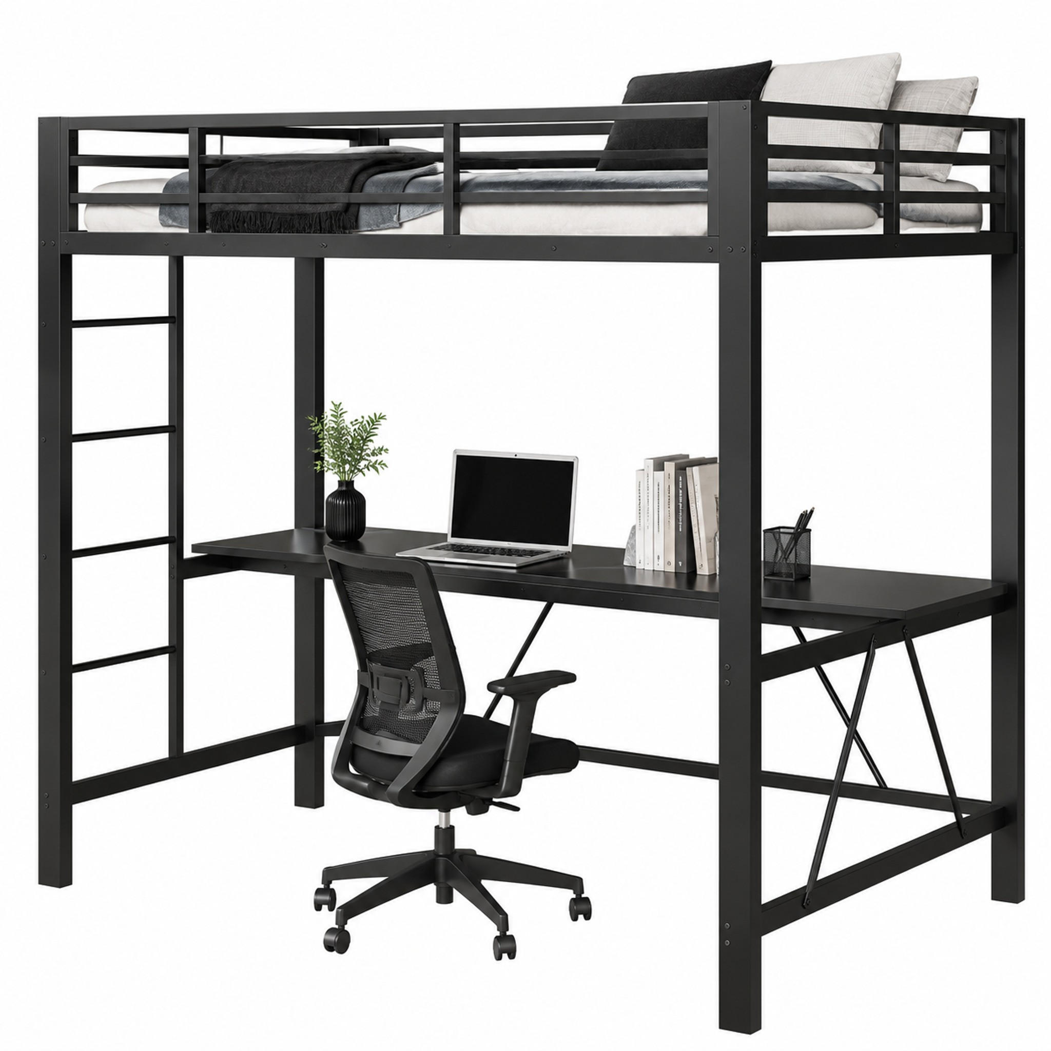 HOCHBETT mit Schreibtisch 140x200 cm Metall Schwarz - Schwarz, Metall (140/200cm) - Meubliv