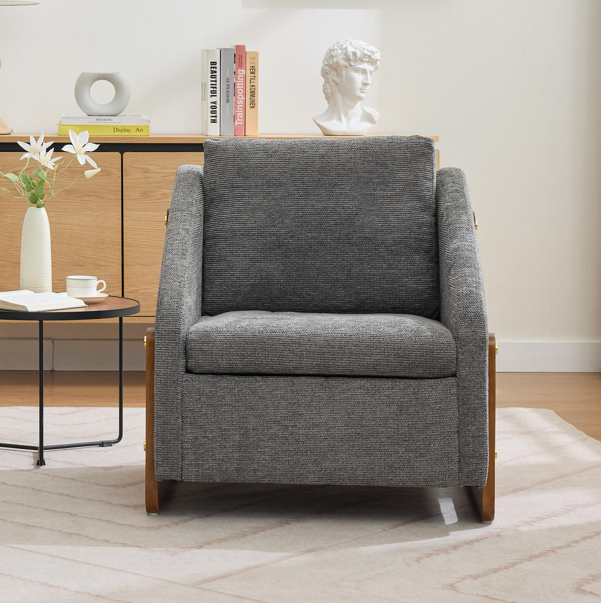 SESSEL 73,5/73,5/73,5 cm aus Chenille mit Holzarmlehnen in Grau - Grau, Textil (73.5/73.5/73.5cm) - BEAOK